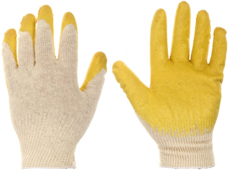Перчатки трикотажные с латексным покрытием, белые с желтым
