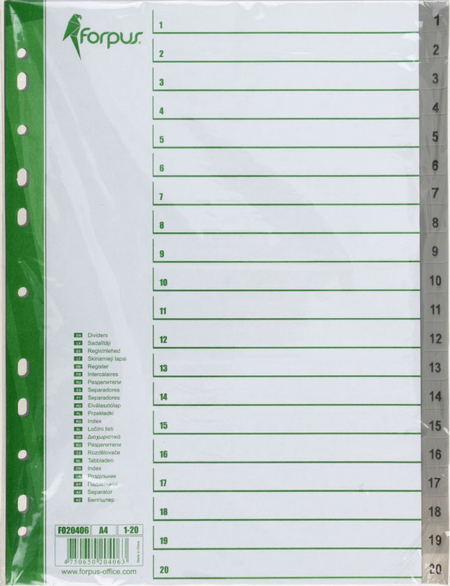 Разделители для папок-регистраторов пластиковые Forpus, 20 л., индексы по цифрам (1-20)