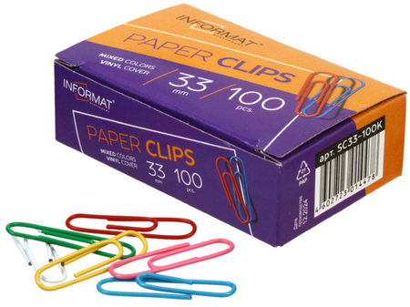 Скрепки цветные виниловые inФормат, 33 мм, 100 шт., округлые