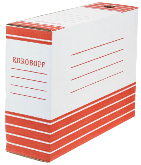 Короб архивный из гофрокартона, корешок 100 мм, 327*100*240 мм, белый с красным
