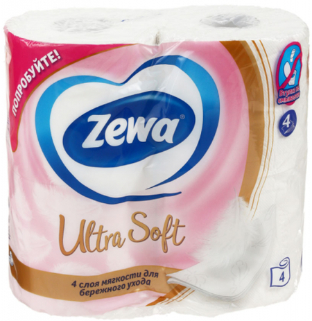Бумага туалетная Zewa Ultra Soft, 4 рулона, ширина 90 мм, белая