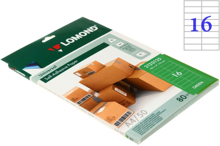 Бумага самоклеящаяся для изготовления этикеток Lomond , А4, 16 шт., 105*37 мм, матовая, зеленая