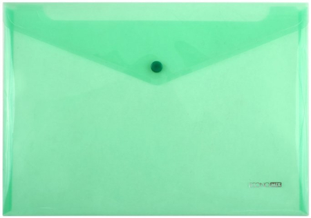 Папка-конверт пластиковая на кнопке Economix А4+, толщина пластика 0,18 мм, прозрачная зеленая
