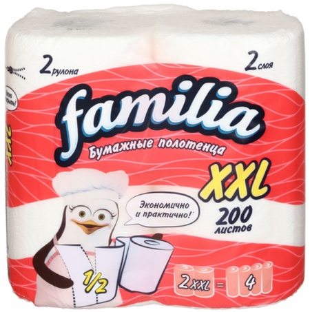 Полотенца бумажные Familia, 2 рулона, ширина 227 мм, XXL, белые Полотенца бумажные Familia, 2 рулона, ширина 227 мм, XXL, белые