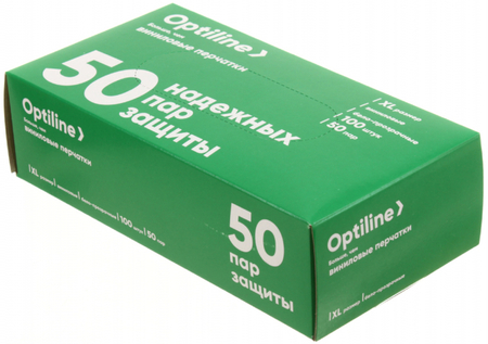 Перчатки виниловые одноразовые Optiline, размер XL, 50 пар (100 шт.), прозрачные
