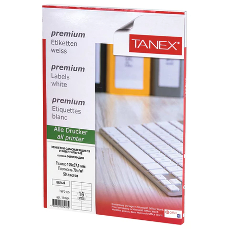 Бумага самоклеящаяся для изготовления этикеток Tanex, А4, 16 шт., 105*37,1 мм, 50 л., матовая, белая Бумага самоклеящаяся для изготовления этикеток Tanex, А4, 16 шт., 105*37,1 мм, 50 л., матовая, белая