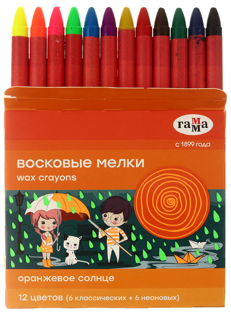 Мелки восковые «Гамма. Оранжевое солнце», 12 цветов (6 неоновых, 6 классических), диаметр 8 мм, длина 90 мм