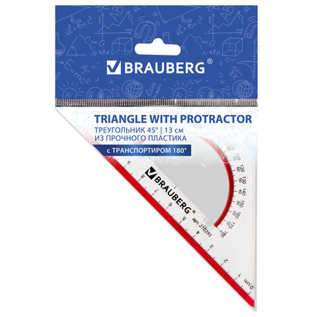 Треугольник пластиковый с транспортиром Brauberg Crystal, 13 см, 45°, транспортир - 180°, прозрачный Треугольник пластиковый с транспортиром Brauberg Crystal, 13 см, 45°, транспортир - 180°, прозрачный