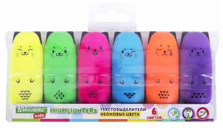 Набор маркеров-текстовыделителей Brauberg Kids, 6 цветов, Cute Cats Neon