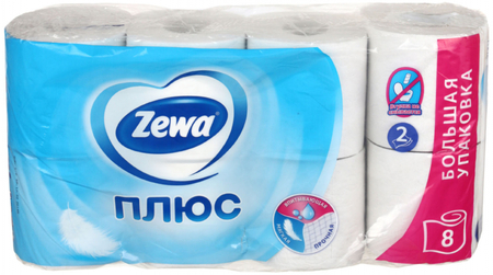 Бумага туалетная Zewa «Плюс», 8 рулонов, ширина 95 мм, белая