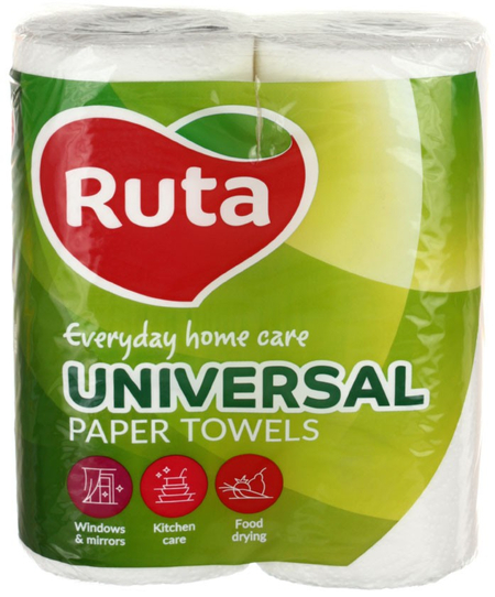 Полотенца бумажные Ruta (в рулоне), 2 рулона, ширина 230 мм, Universal, белые 