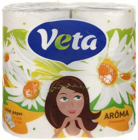 Бумага туалетная Veta Aroma, 4 рулона, ширина 85 мм, 15 м, «Ромашка», белая