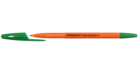 Ручка шариковая Erich Krause R-301 Orange Stick, корпус оранжевый, стержень зеленый