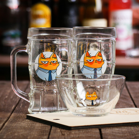 Набор посуды для пива «Кот», бокалы 2 шт.*330 мл, тарелка 150 мл, подставка Набор посуды для пива «Кот», бокалы 2 шт.*330 мл, тарелка 150 мл, подставка