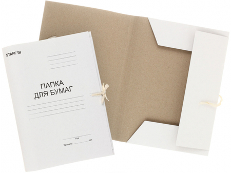 Папка картонная на завязках «Папка для бумаг» Staff, А4, ширина корешка 25 мм, плотность 310 г/м2, немелованная, белая