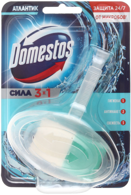 Блок для унитаза в пластиковом подвесе Domestos, 40 г, «Атлантик»