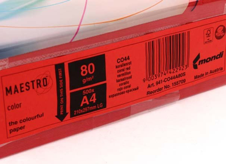 Бумага офисная цветная Maestro, А4 (210*297 мм), 80 г/м2, 500 л., кораллово-красная