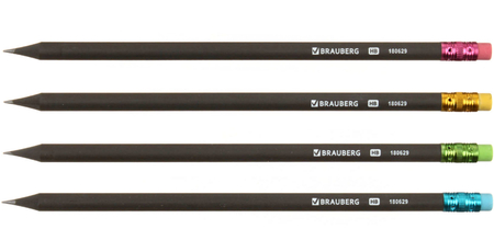Карандаш чернографитный Brauberg Black Wood, твердость грифеля ТМ, с ластиком, ассорти Карандаш чернографитный Brauberg Black Wood, твердость грифеля ТМ, с ластиком, ассорти