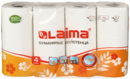 Полотенца бумажные Laima (в рулоне), 4 рулона, ширина 215 мм, белые