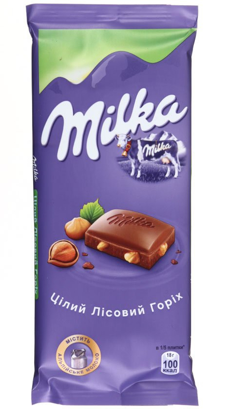 Шоколад Milka, 90 г, молочный шоколад с цельным лесным орехом