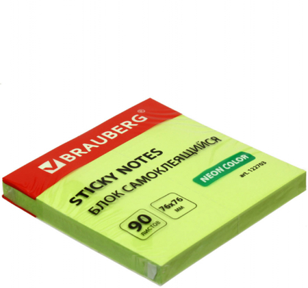 Бумага для заметок с липким краем Brauberg Neon, 76*76 мм, 1 блок*90 л., зеленая