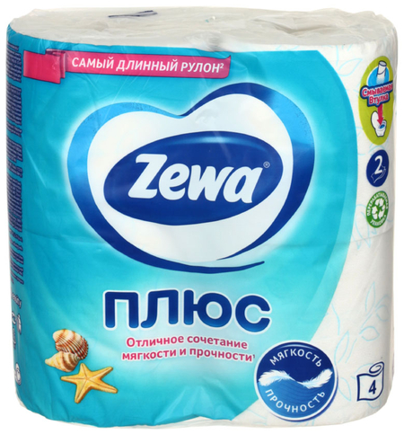 Бумага туалетная Zewa «Плюс», 4 рулона, ширина 90 мм, «Свежесть океана», белая с рисунком