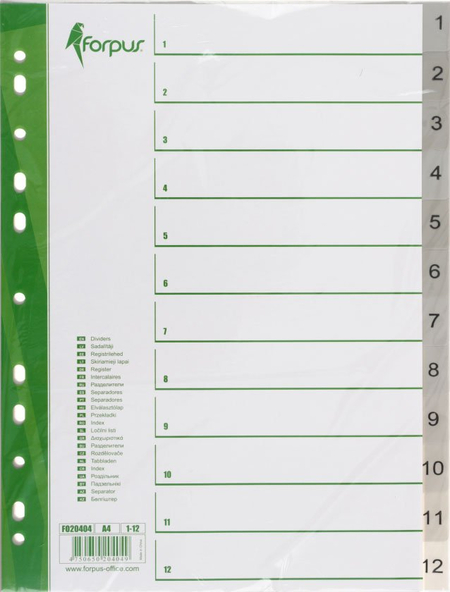 Разделители для папок-регистраторов пластиковые Forpus, 12 л., индексы по цифрам (1-12)