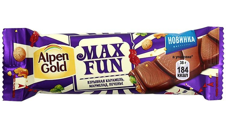 Шоколад Alpen Gold Max Fun, 38 г, MaxFan, взрывная карамель, мармелад и печенье