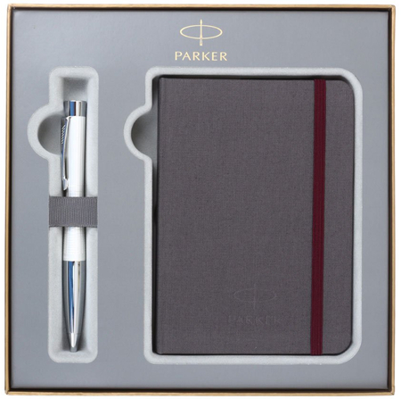 Набор ручки шариковой и записной книжки подарочных Parker Urban Premium Pearl Metal Chiselled, корпус белый с серебристым + коричневая записная книжка 
