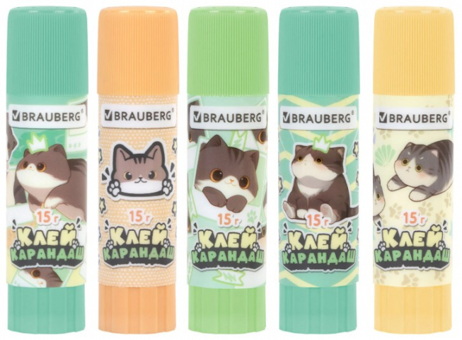 Клей-карандаш Brauberg 15 г, «Милые коты», ассорти