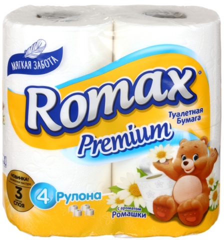 Бумага туалетная Romax Premium, 4 рулона, ширина 100 мм, с ароматом ромашки, белая