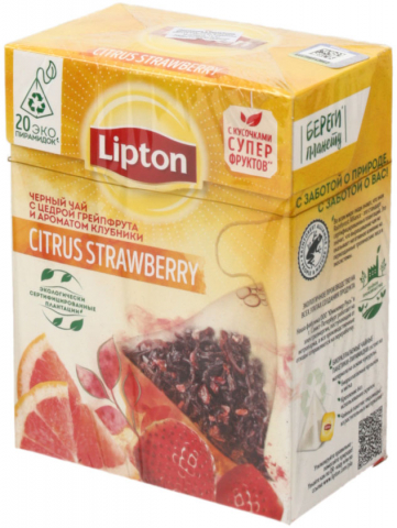 Чай Lipton ароматизированный пакетированный, 32 г, 20 пирамидок, Citrus Strawberry, черный чай с цедрой грейпфрута и ароматом клубники
