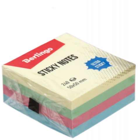 Бумага для заметок с липким краем Berlingo Ultra Sticky 50×50 мм, 1 блок×240 л., 4 цвета, пастель Бумага для заметок с липким краем Berlingo Ultra Sticky 50×50 мм, 1 блок×240 л., 4 цвета, пастель