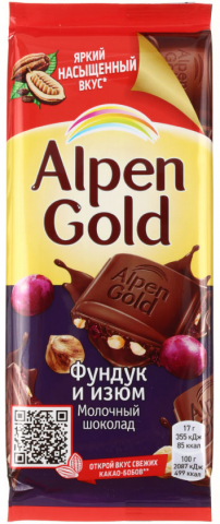 Шоколад Alpen Gold, 85 г, «Фундук и изюм», молочный шоколад