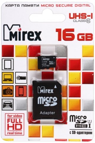 Карта памяти micro Mirex class 10, micro SDНС, class 10, 16 Gb + переходник на SD