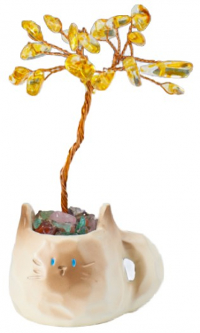 Дерево денежное декоративное «Сувенир бонсай» 12 жёлтых камней, 3,5×4,7×7,5 см, «Котик-кружка»