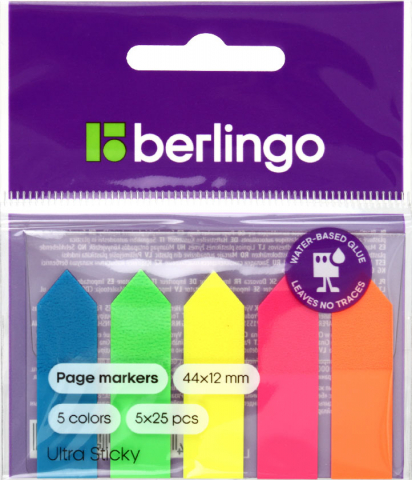Закладки-разделители пластиковые с липким краем Berlingo Ultra Sticky, 44*12 мм, 25 л.*5 цветов, «Стрелки», неон Закладки-разделители пластиковые с липким краем Berlingo Ultra Sticky, 44*12 мм, 25 л.*5 цветов, «Стрелки», неон