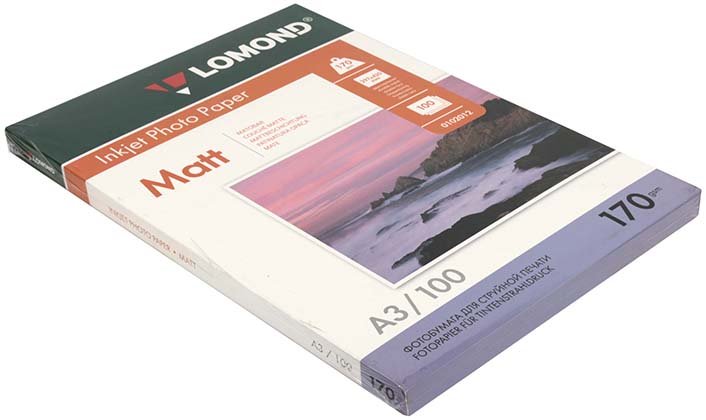 Бумага для струйной фотопечати матовая двусторонняя Lomond А3 (297×420 мм), 170 г/м², 100 л. Бумага для струйной фотопечати матовая двусторонняя Lomond А3 (297×420 мм), 170 г/м², 100 л.
