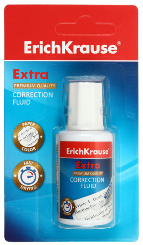 Корректирующая жидкость ErichKrause Extra, 20 мл, на основе растворителя, с кисточкой, в блистере