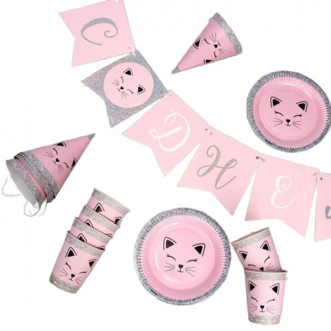 Набор одноразовой бумажной посуды Sima-Land «Кошечка» (6 тарелок, 6 стаканов, 6 колпаков, гирлянда)