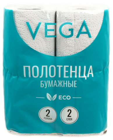 Полотенца бумажные Vega (в рулоне), 2 рулона, ширина 205 мм, серые