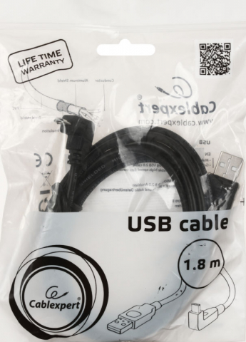 Кабель USB 2.0 A/ Micro USB 2.0 B Cablexpert Gembird, 1,8 м, черный (изгиб 90°)