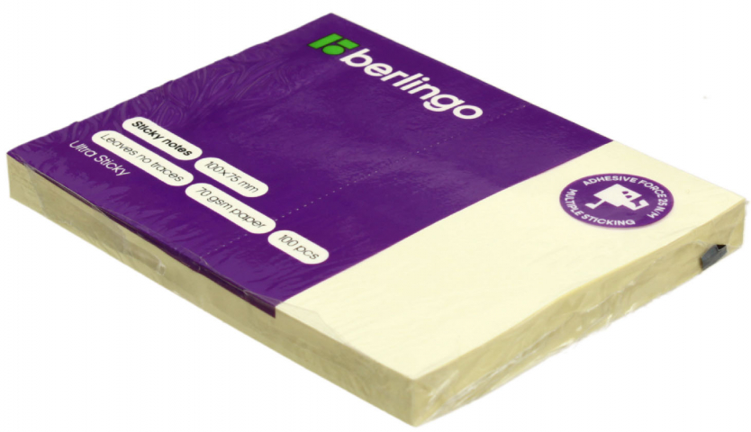 Бумага для заметок с липким краем Berlingo Ultra Sticky 100×75 мм, 1 блок×100 л., желтая пастель Бумага для заметок с липким краем Berlingo Ultra Sticky 100×75 мм, 1 блок×100 л., желтая пастель
