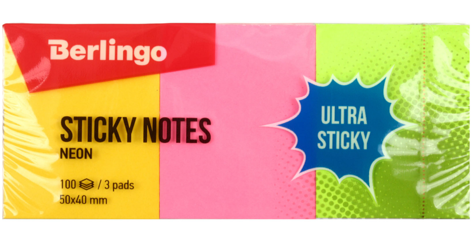 Бумага для заметок с липким краем Berlingo Ultra Sticky 40×50 мм, 3 блока×100 л., 3 цвета, неон Бумага для заметок с липким краем Berlingo Ultra Sticky 40×50 мм, 3 блока×100 л., 3 цвета, неон