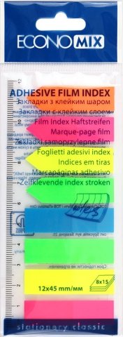 Закладки-разделители пластиковые с липким краем Economix, 12*45 мм, 15 л.*8 цветов, неон Закладки-разделители пластиковые с липким краем Economix, 12*45 мм, 15 л.*8 цветов, неон
