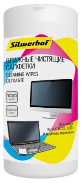 Салфетки чистящие для экранов мониторов, ЖК (LCD, LED) телевизоров, ноутбуков Silwerhof Ultimate, 100 шт., в тубе Салфетки чистящие для экранов мониторов, ЖК (LCD, LED) телевизоров, ноутбуков Silwerhof Ultimate, 100 шт., в тубе