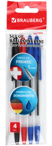 Набор шариковых ручек Brauberg Ultra, 4 шт., 3 цв.