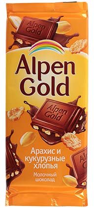 Шоколад Alpen Gold, 90 г, «Арахис и кукурузные хлопья», молочный шоколад