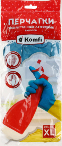 Перчатки латексные хозяйственные Komfi «Биколор» размер XL, сине-желтые