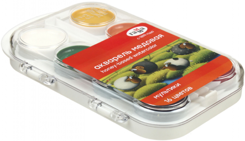 Акварель медовая полусухая «Мультики» 16 цветов, в пластиковой коробке, без кисти